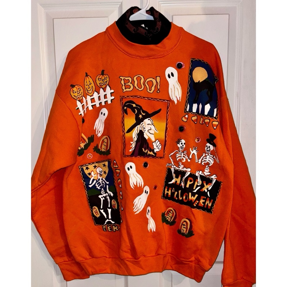 Vintage India Ink hand painted Halloween crew neck sweatshirt OS